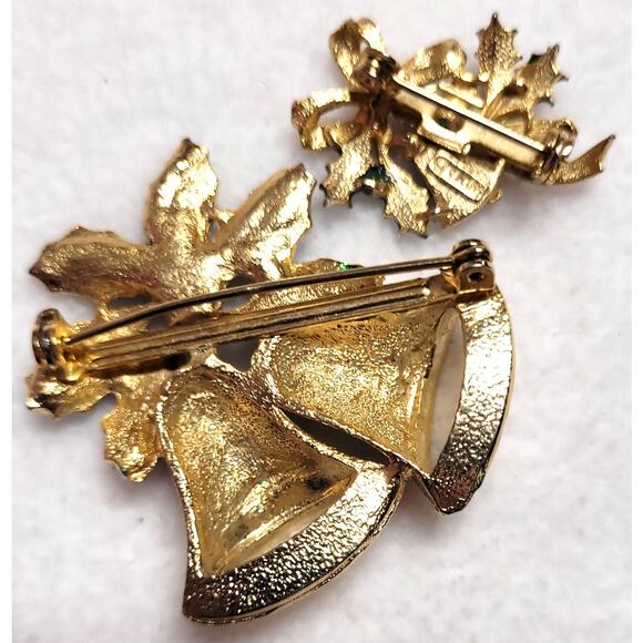 Enamel Christmas Bells Holly Vtg Brooch Lot 1 Signed Roma Xmas Holiday Goldtone - Picture 6 of 6